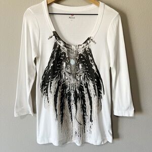 XCVI White 3/4 Sleeve Feather Print Stud Embellished Tee Shirt Size Large *Flaw